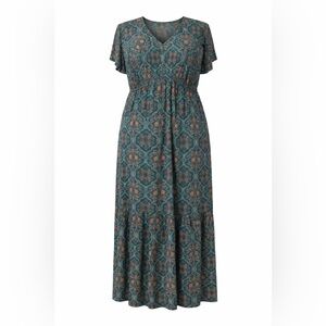 NWT Boho Stitch Fix Plus Sz 2x Maxi Boho Dress Dark Teal Flutter Sleeve Lined